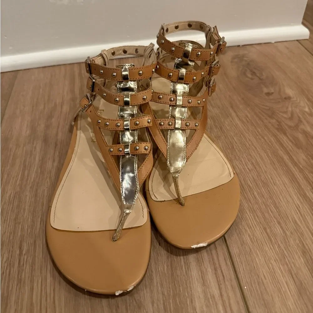 Enzo Angiolini Studded Gold and Tan Gladiator Sandals